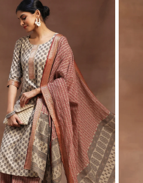 Libas Beige Printed Cotton Straight Suit With Dupatta