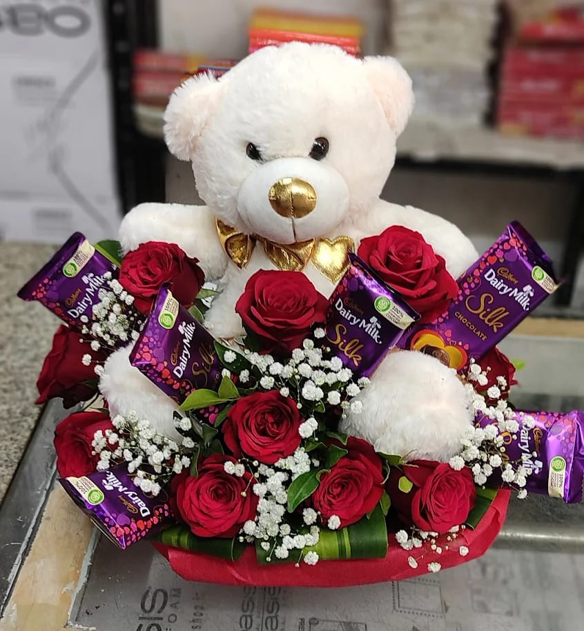 Rose & Silks Teddy Basket