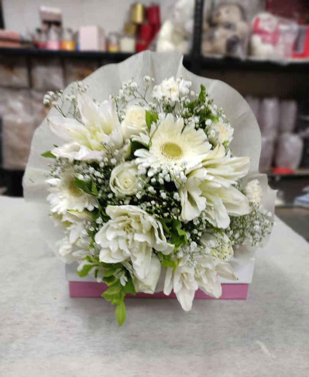 4 White Lilies 3 Roses 3 Carnation 3 Gerbera Bunch With Paper Packing