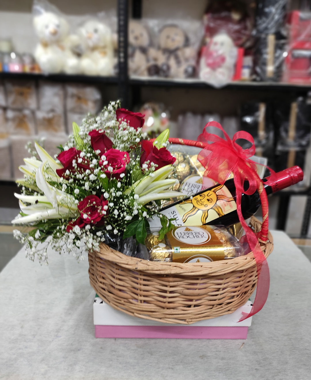 Passion’s Delight Hamper- Red Roses, Wine, Chocolate Combo