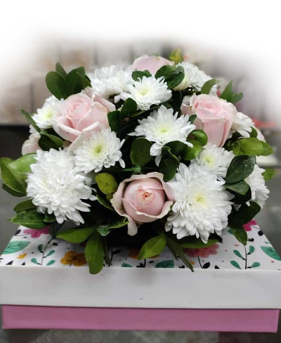 Sweet Pink Roses and White Chrysanthemums Round Wreath Arrangement