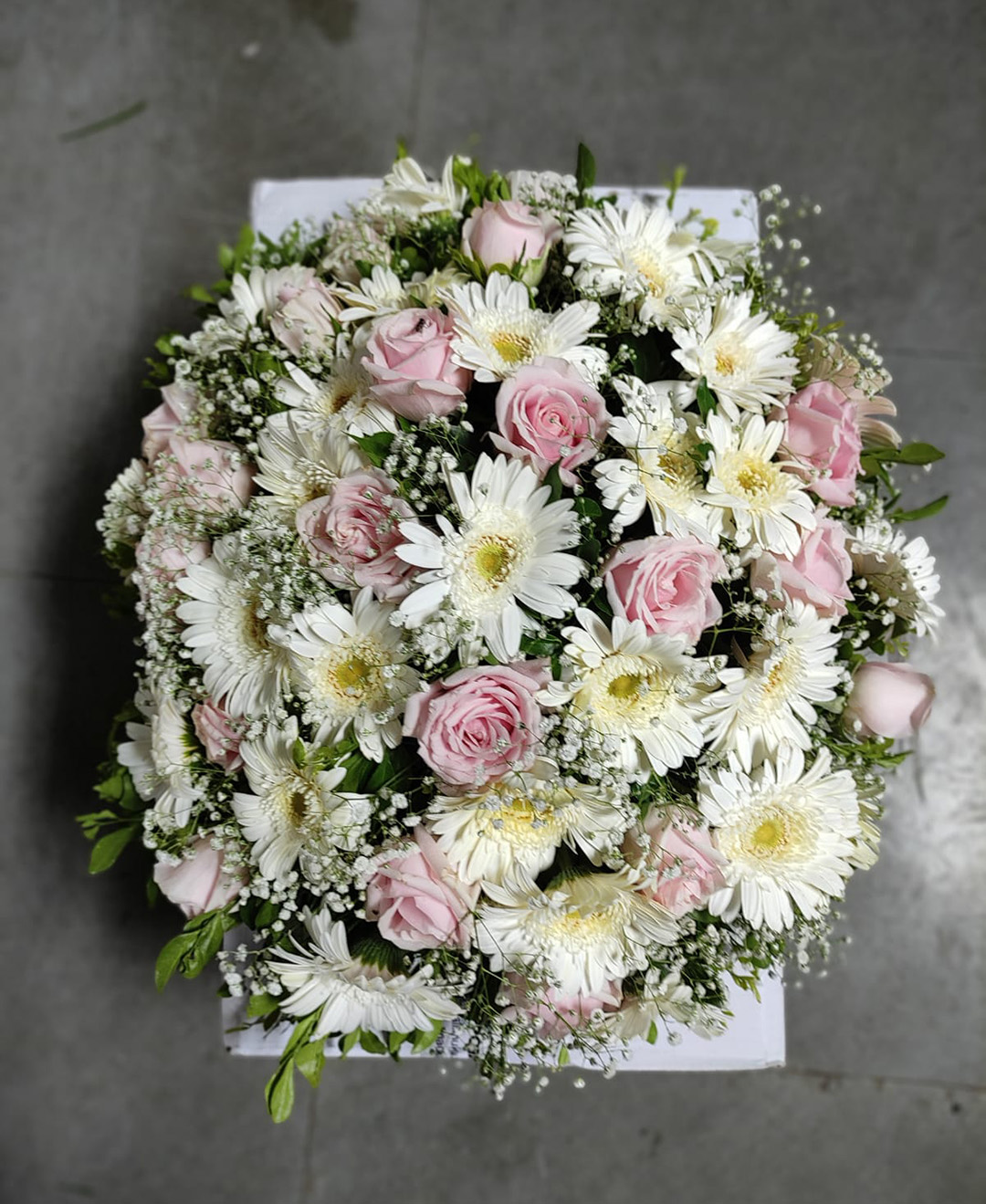 White Gerbera And Pink Roses Round Wreath Arrangement