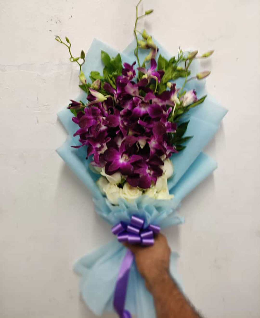 6 Orchids And 10 White Roses Bouquet With Paper Packing
