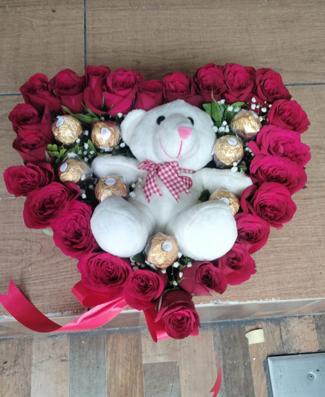 25 Red Roses 8pcs Ferrero Rocher And 6inch Teddy