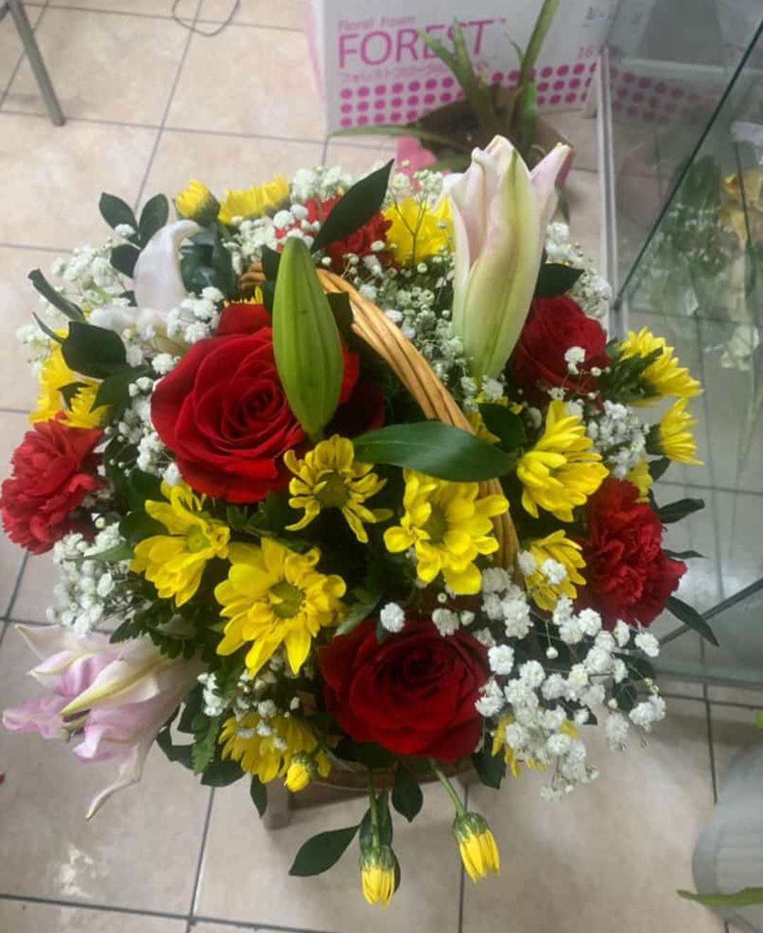 Pink Lilies Red Roses Yellow Chysanthimum Basket