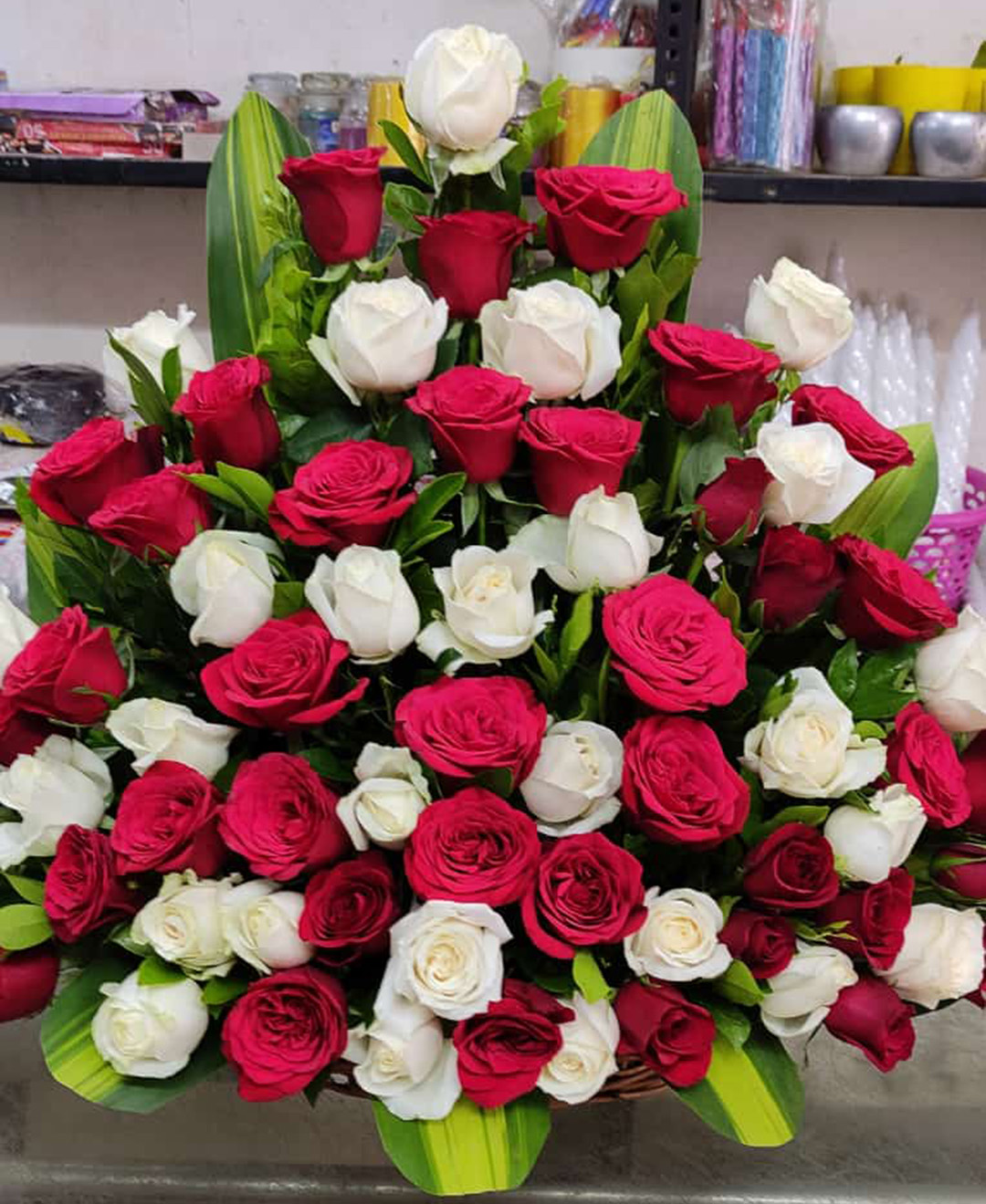 50 Red And White Roses Basket