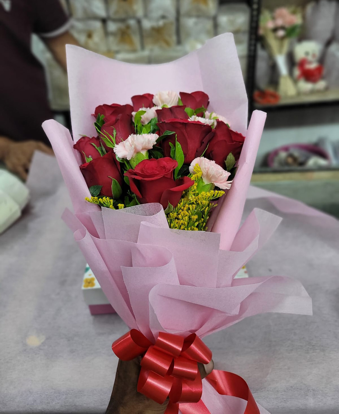 *10 Red Roses And 5 Pink Carnation Bouquet With Paper Packing