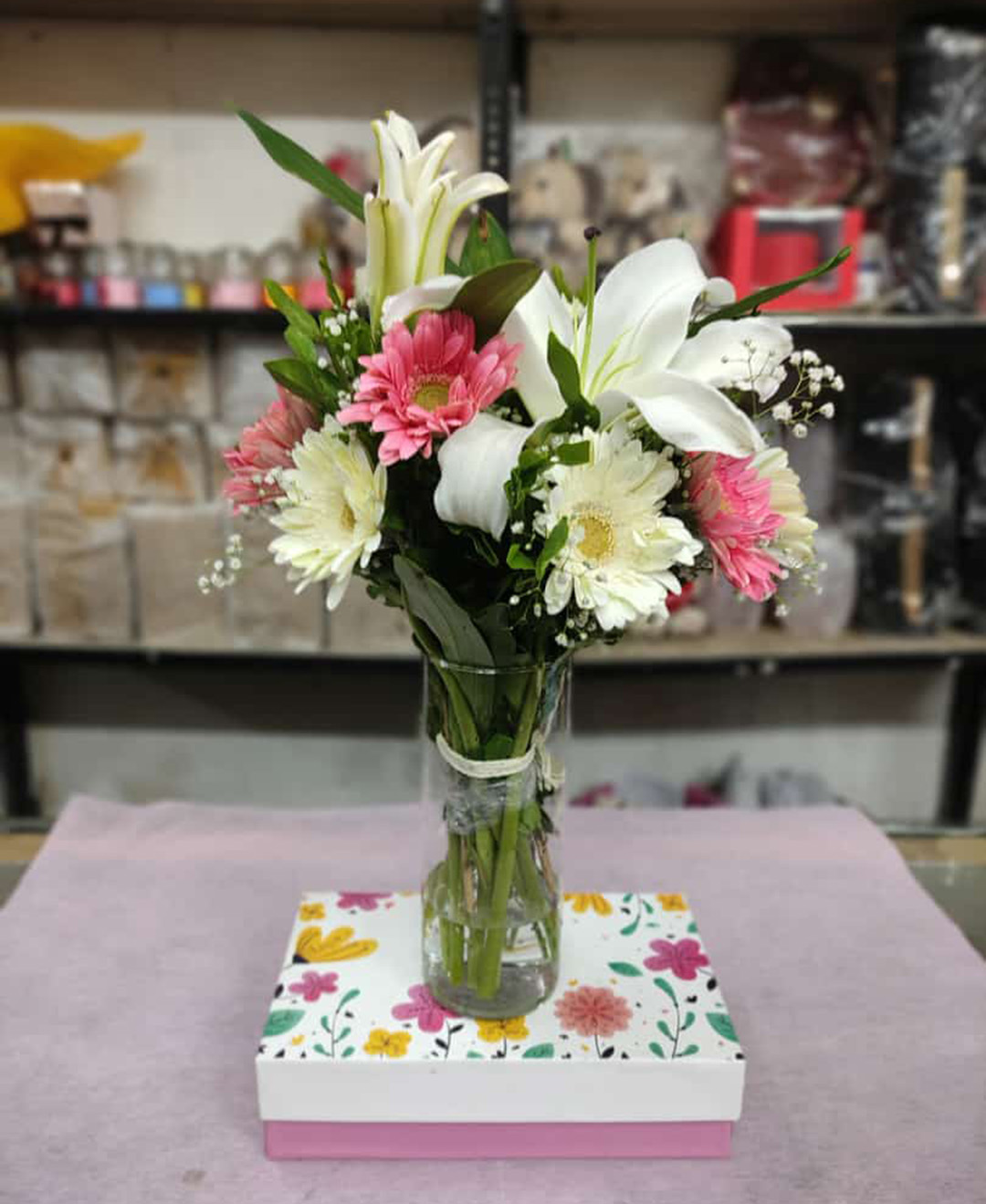 Gerbera and Lilies Glass Vase