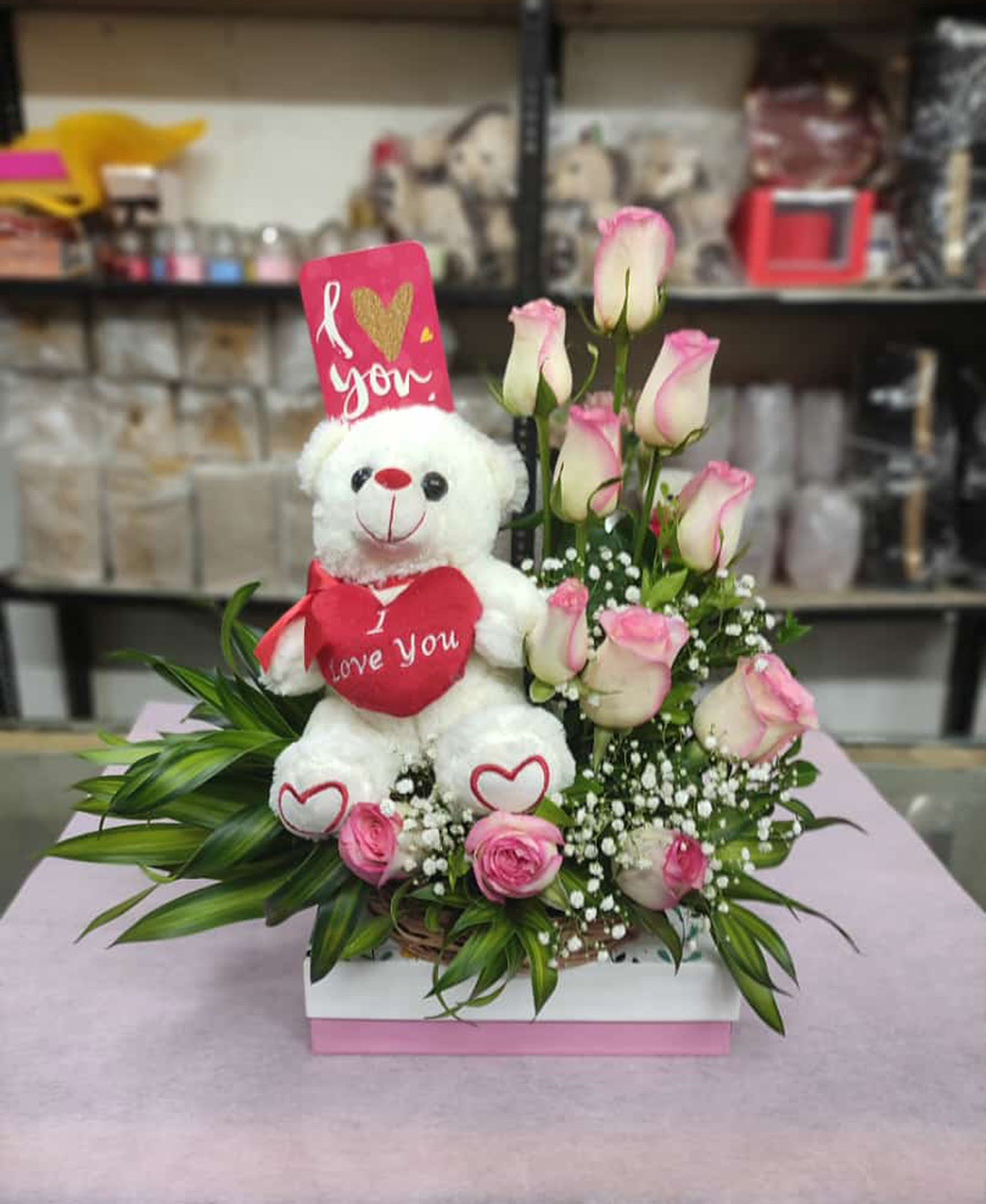 Roses and Teddy Romantic Basket