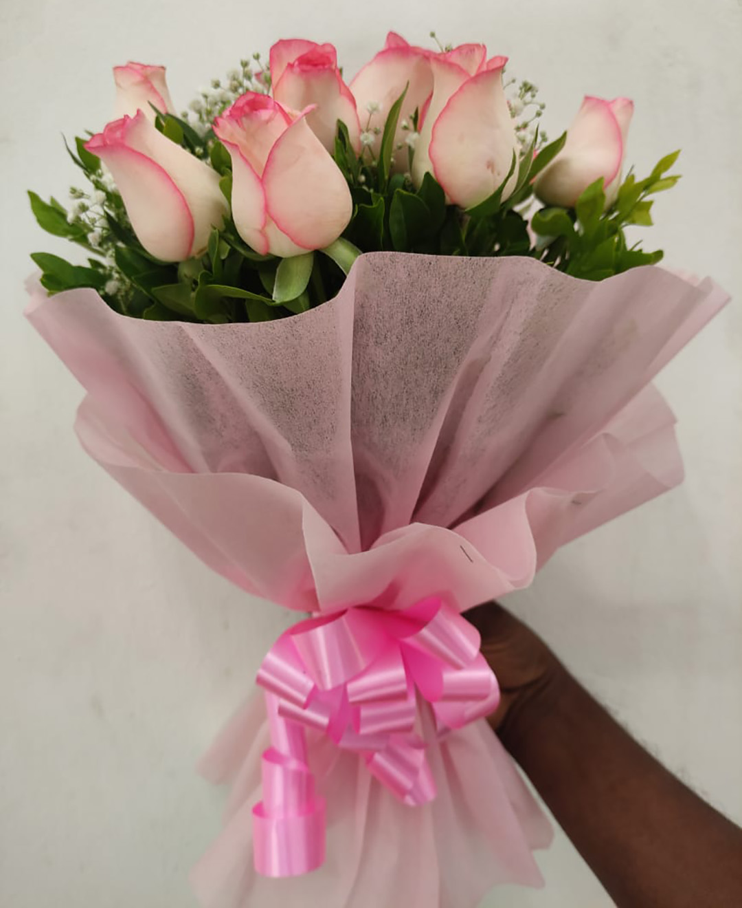 12 Pink Roses Bunch With Paper Packing
